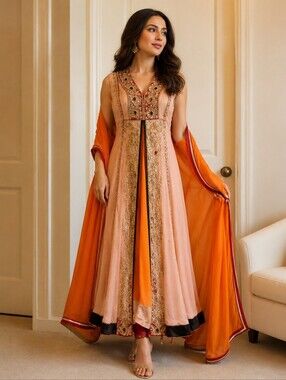 Custom Bargello Anarkali Kundan Embellished Indian Gown 2 duputtas Designer XS